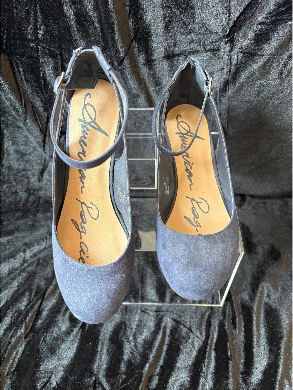 American Rag Gray Suede Ankle Strap Wedge Heels with Back Zipper